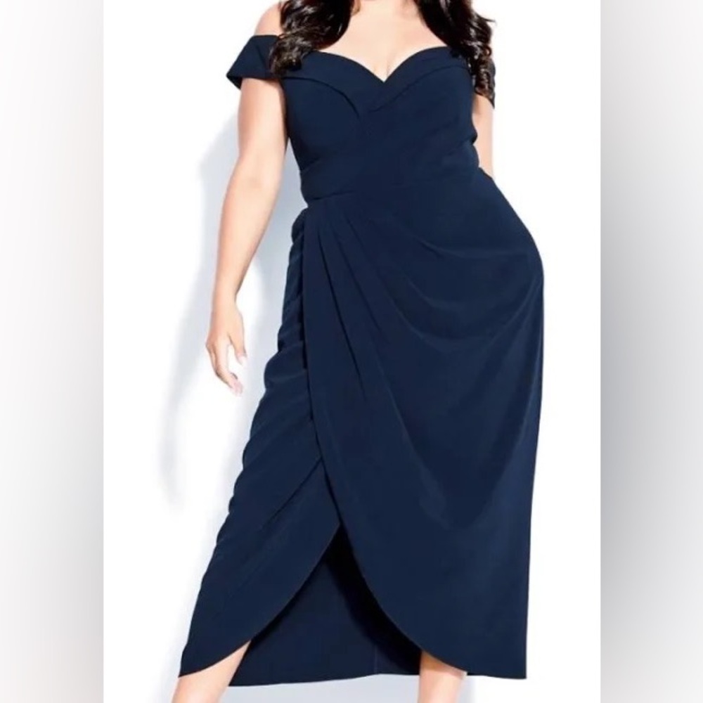 City Chic Navy Off-Shoulder Drape Midi Wedding Dress
